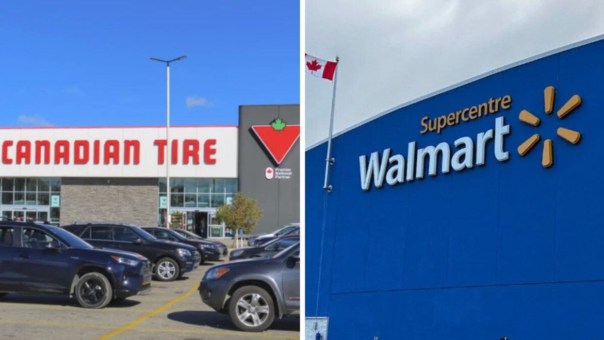 Façade d'un Canadian Tire. Droite : Façade d'un Walmart.