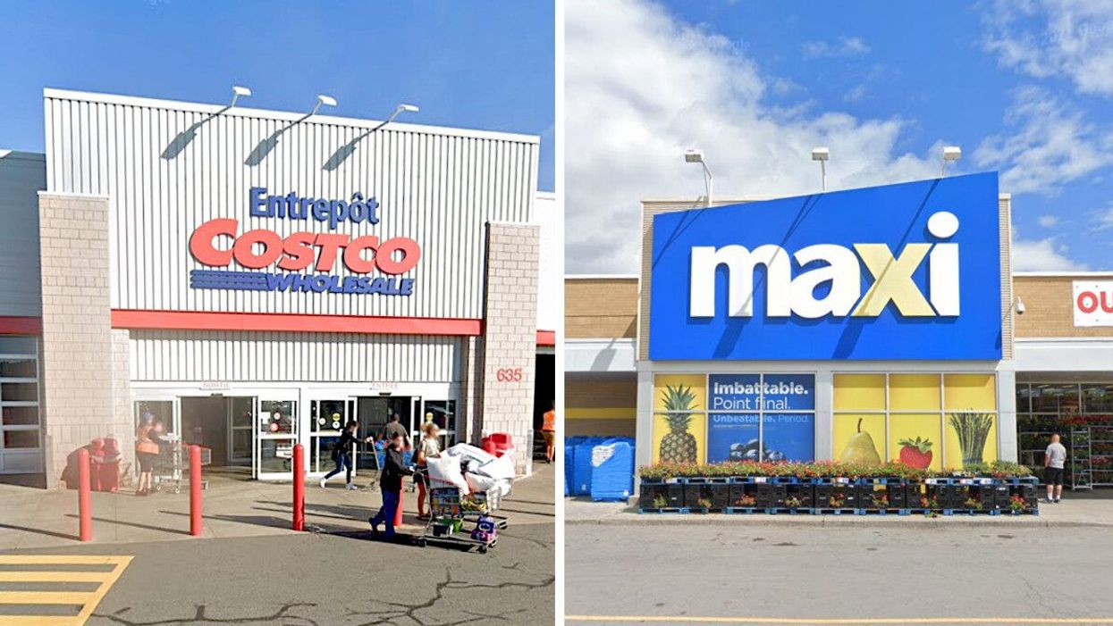 Façade d'un Costco alors que des clients entrent ou quittent les lieux. Droite : La façade d'un Maxi.