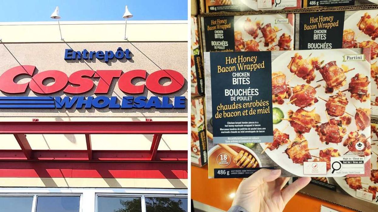 Façade d'un Costco. Droite: Bouchées de poulet au bacon et miel.