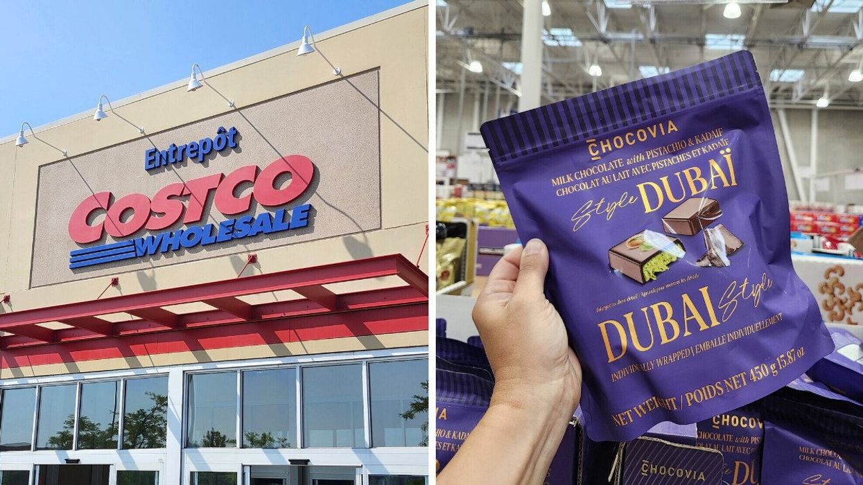 Façade d'un Costco. Droite: Chocolat style Dubaï de la marque Chocovia.
