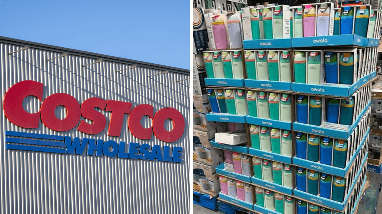 Façade d'un Costco. Droite : Étalage de bouteilles Owala.