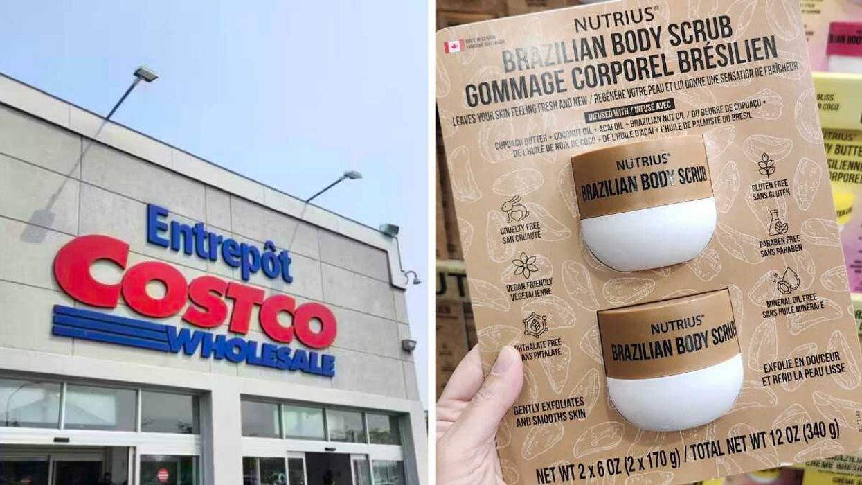 Façade d'un Costco. Droite : Exfoliant Nutrius Brazilian Body Scrub.