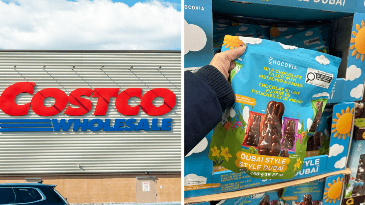 Façade d'un costco. Droite : Lapins en chocolat style Dubaï.