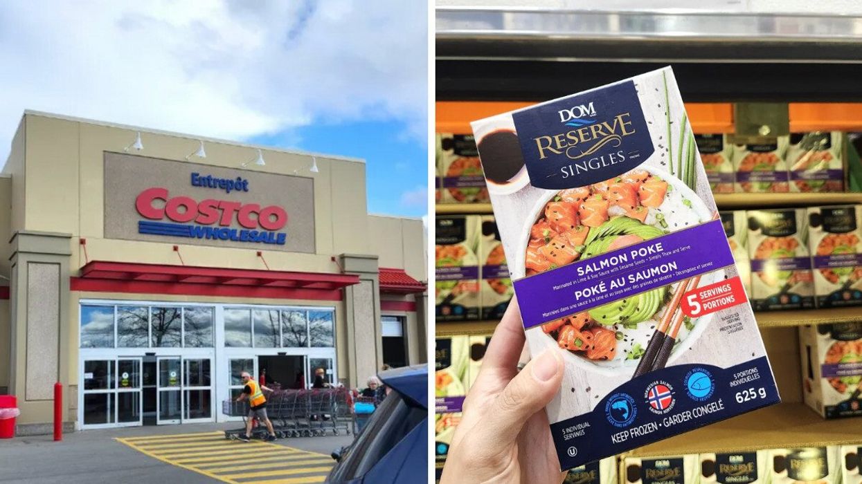 Façade d'un Costco. Droite : Poké au saumon.