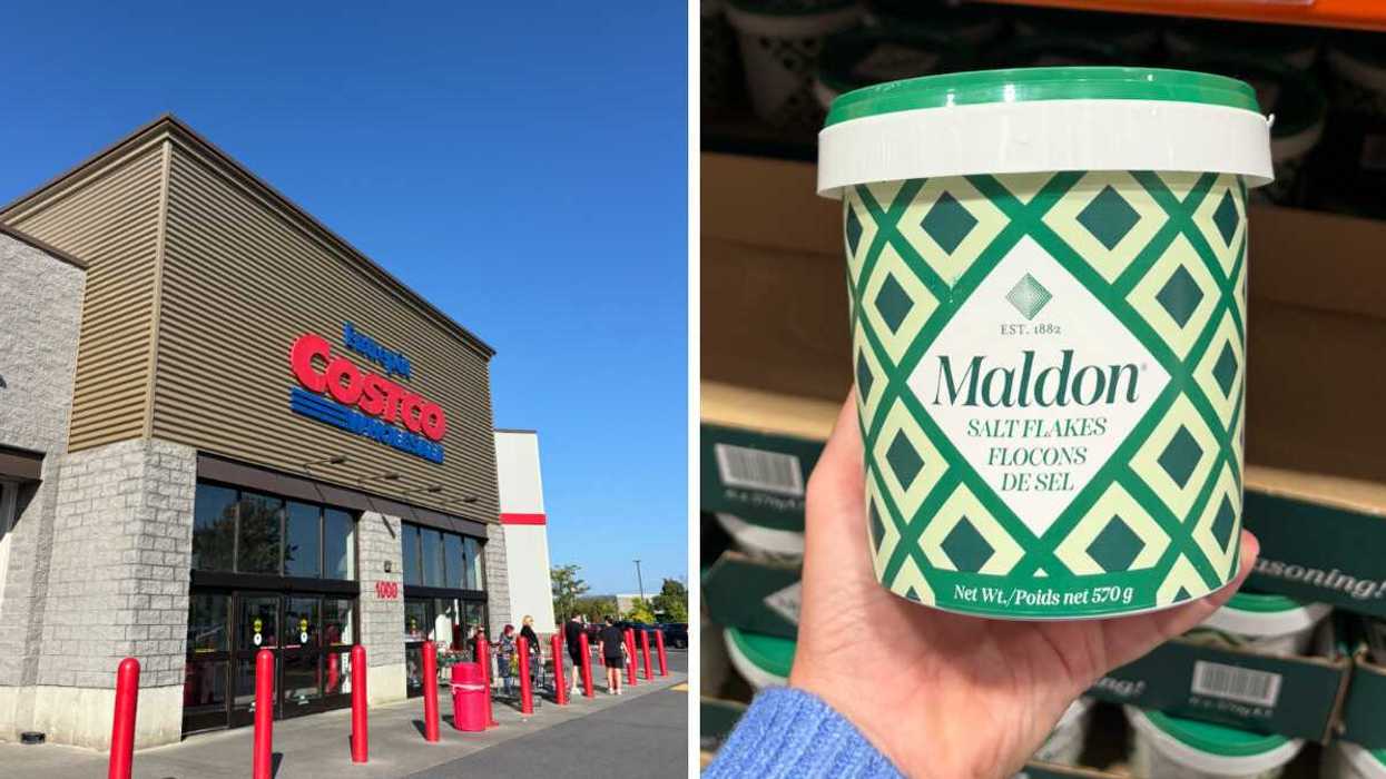 Façade d'un Costco. Droite : pot de sel Maldon en vente chez Costco.