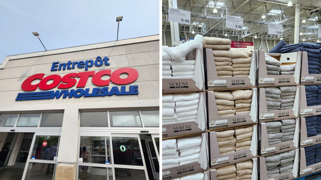 Façade d'un Costco. Droite: Serviettes de différentes couleurs.