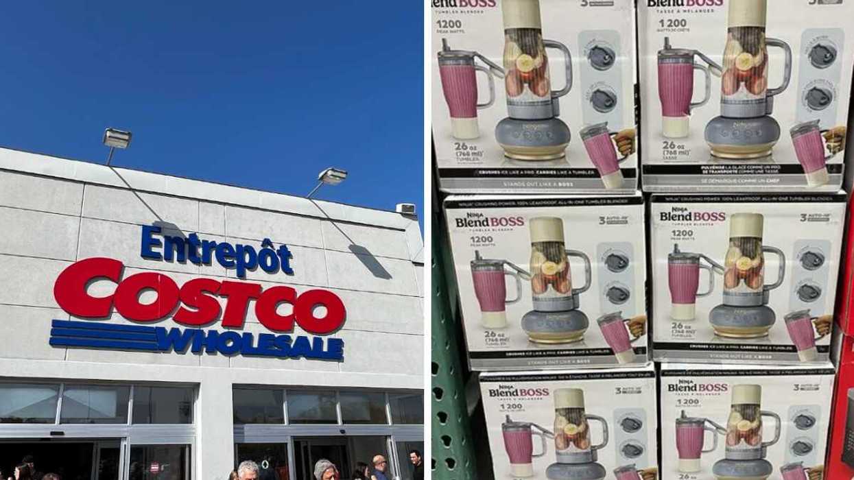 Façade d'un Costco. Droite : Tasse à mélanger BlendBoss Ninja.