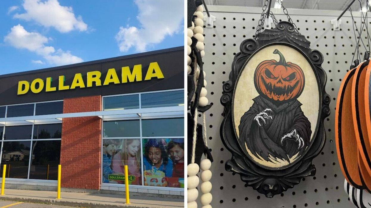 Façade d'un Dollarama. Droite : cadre de bois d'Halloween.