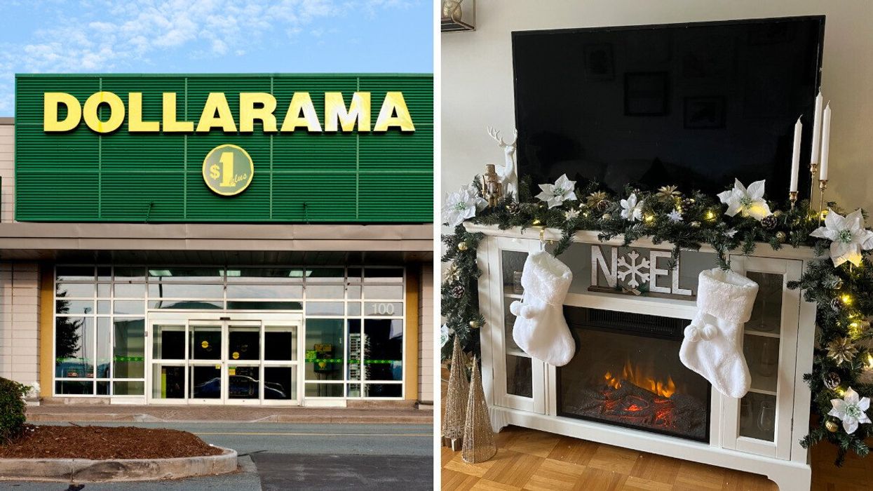 Façade d'un Dollarama. Droite : Guirlande de Noël faite avec les décos du Dollarama.