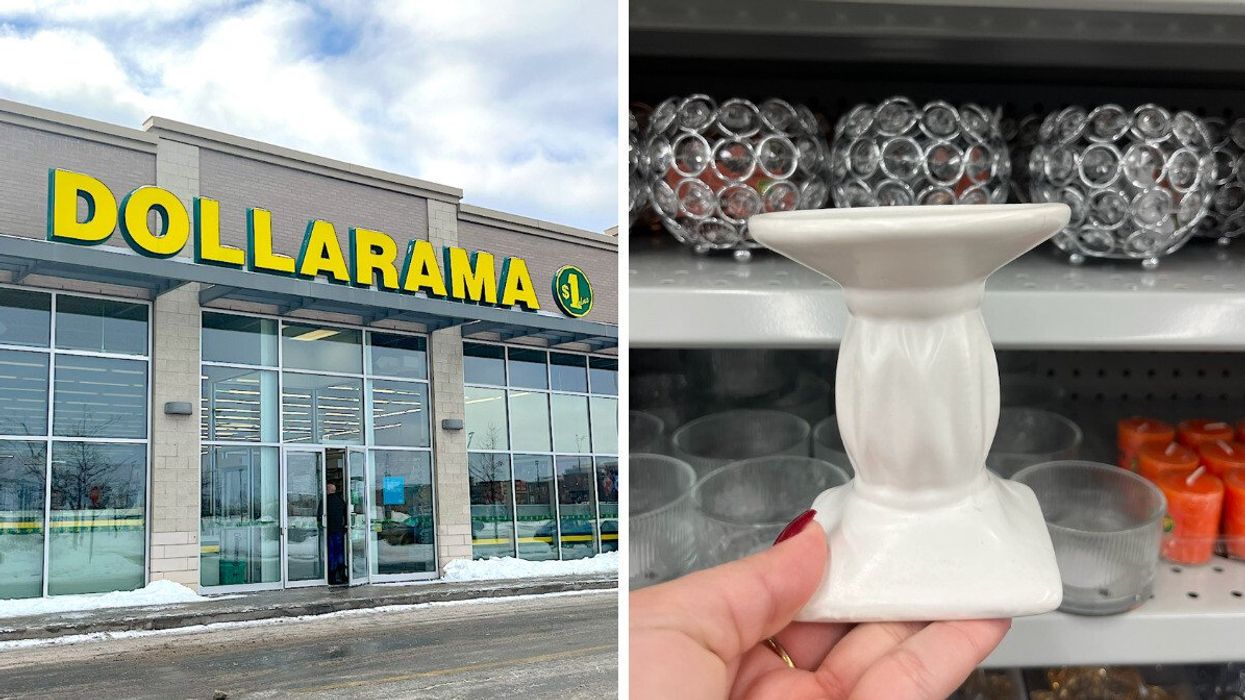 Façade d'un Dollarama. Droite : Main qui tient un bougeoir blanc devant l'étagère du Dollarama.