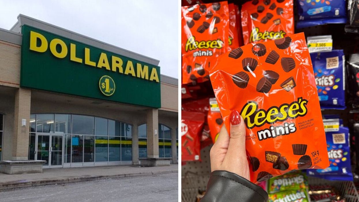 Façade d'un Dollarama. Droite : Une main tenant un sac de Reese's minis au Dollarama.