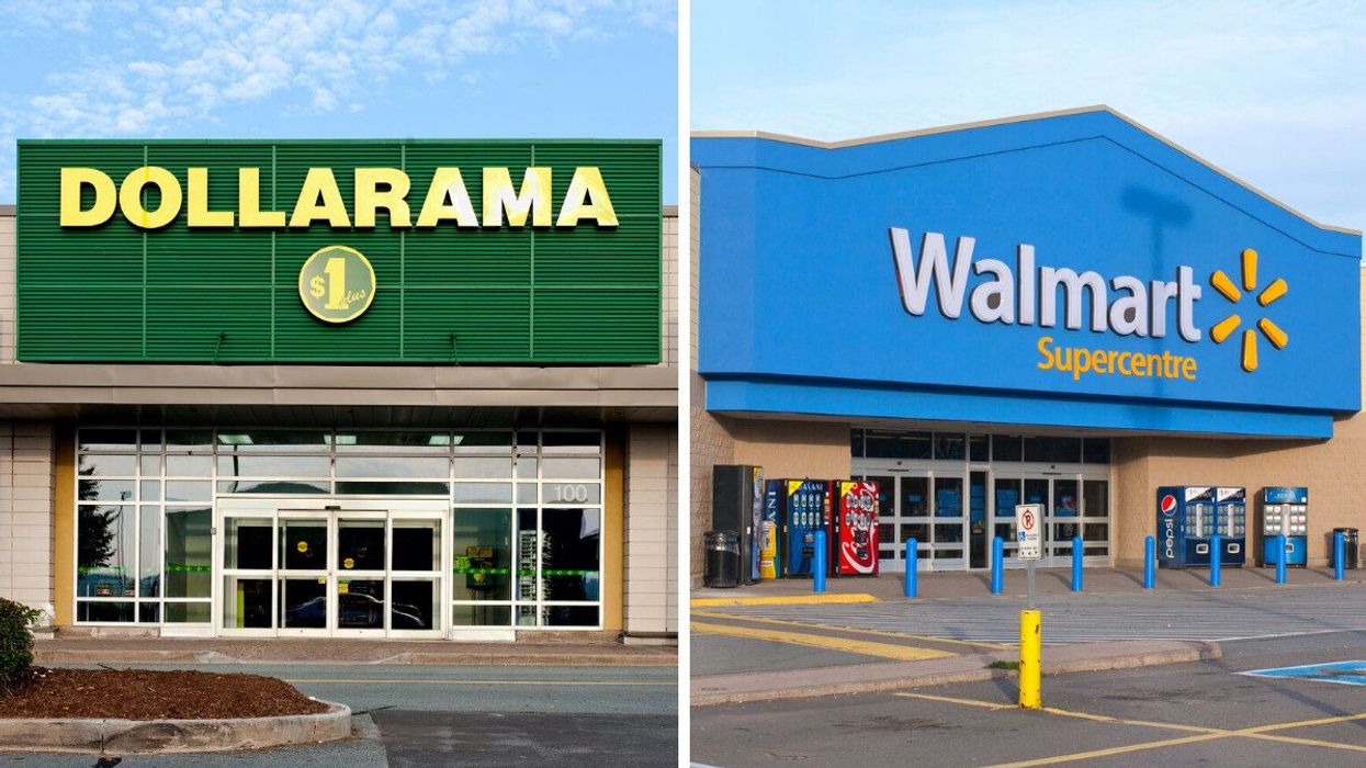 Façade d'un Dollarama. Façade d'un Walmart.