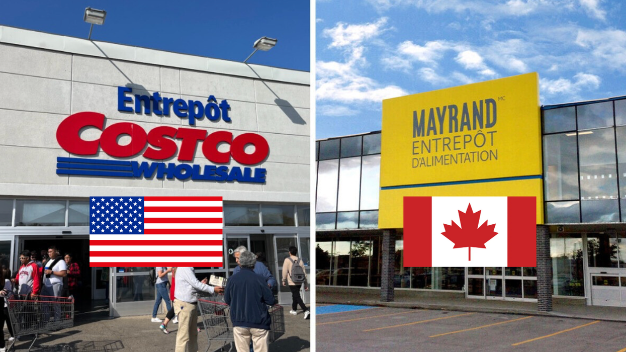 Façade d'un entrepôt Costco. Droite : Façade d'un entrepôt Mayrand.