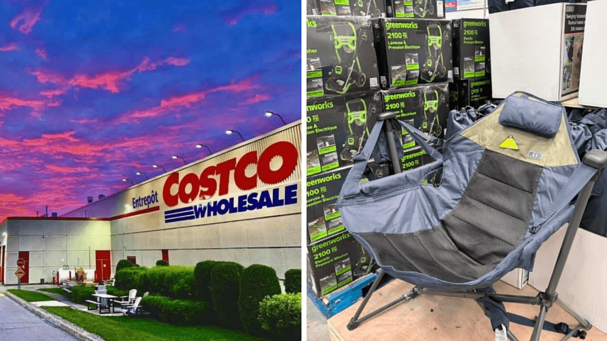 Façade d'un entrepôt Costco. Droite : Fauteuil-hamac en vente au Costco pour 54,99 $.