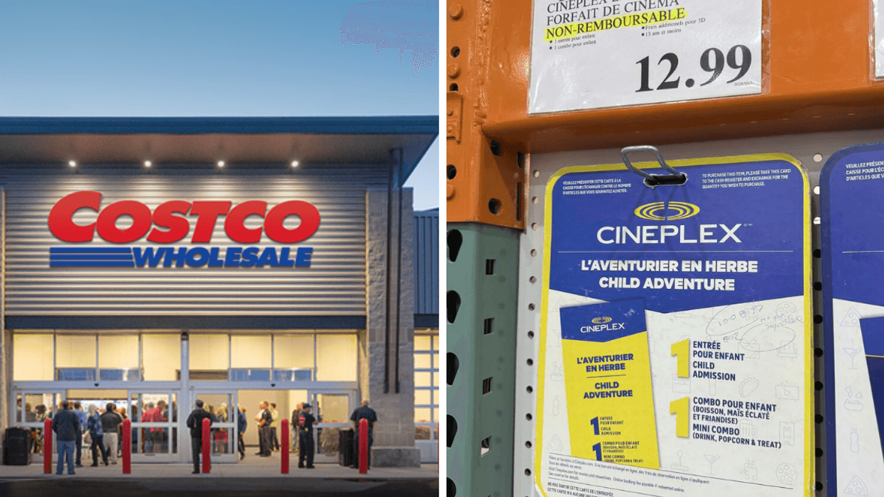 Façade d'un Entrepôt Costco. Droite : Forfait pour enfant dans les cinémas Cineplex en vente chez Costco.