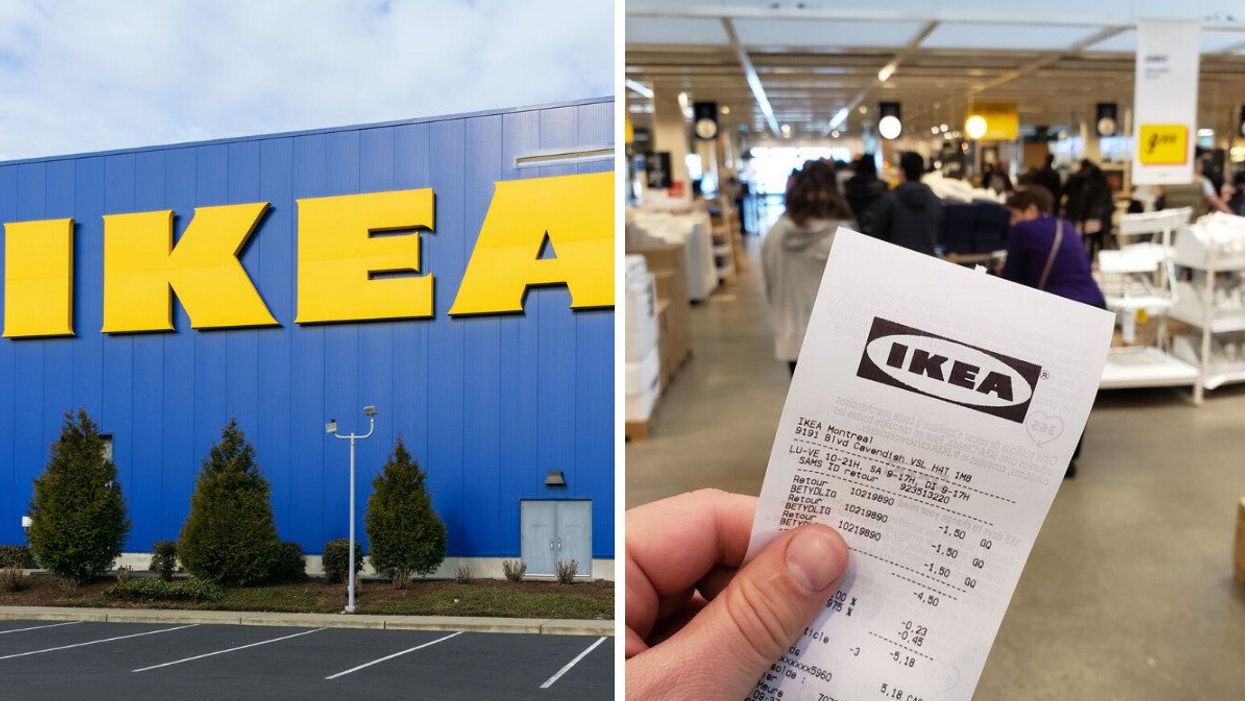Façade d'un IKEA. À droite : Facture IKEA