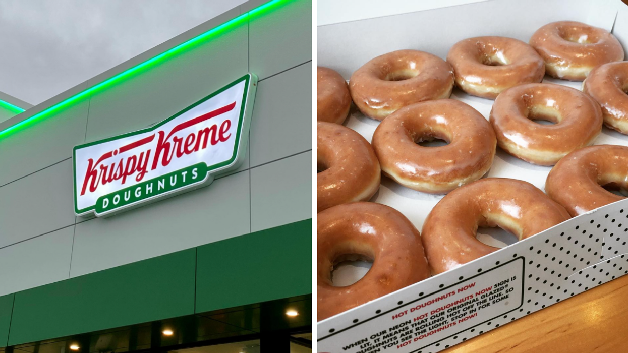 Façade d'un Krispy Kreme. Droite : Des beignes glacé original du Krispy Kreme.