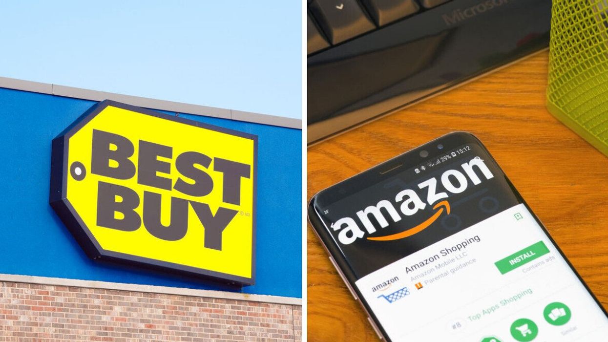 Façade d'un magasin Best Buy. Droite : Logo d'Amazon sur un téléphone.