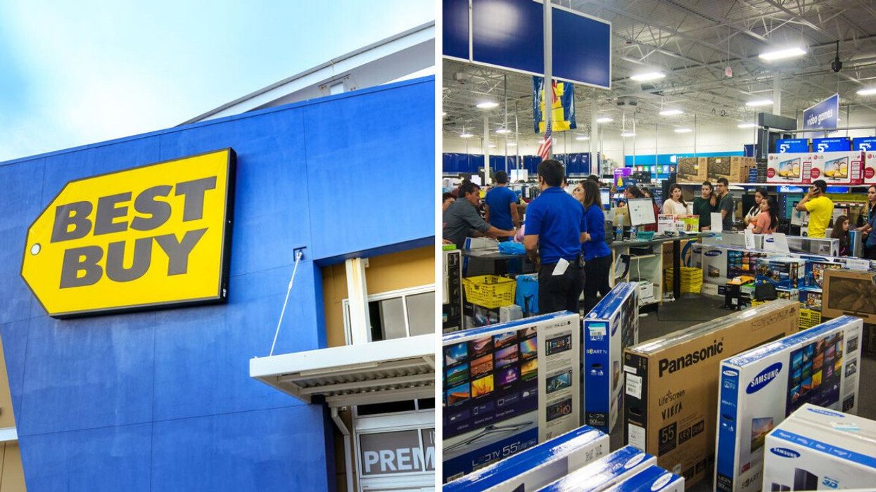 Façade d'un magasin Best Buy. Droite : Personnel et clientèle d'un Best Buy.