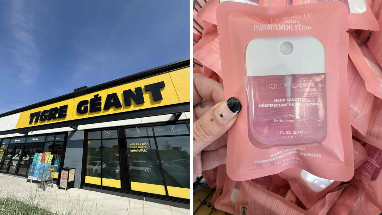 Façade d'un magasin Tigre Géant. Droite : Désinfectant pour les mains en vente au Tigre Géant pour 2,50 $.