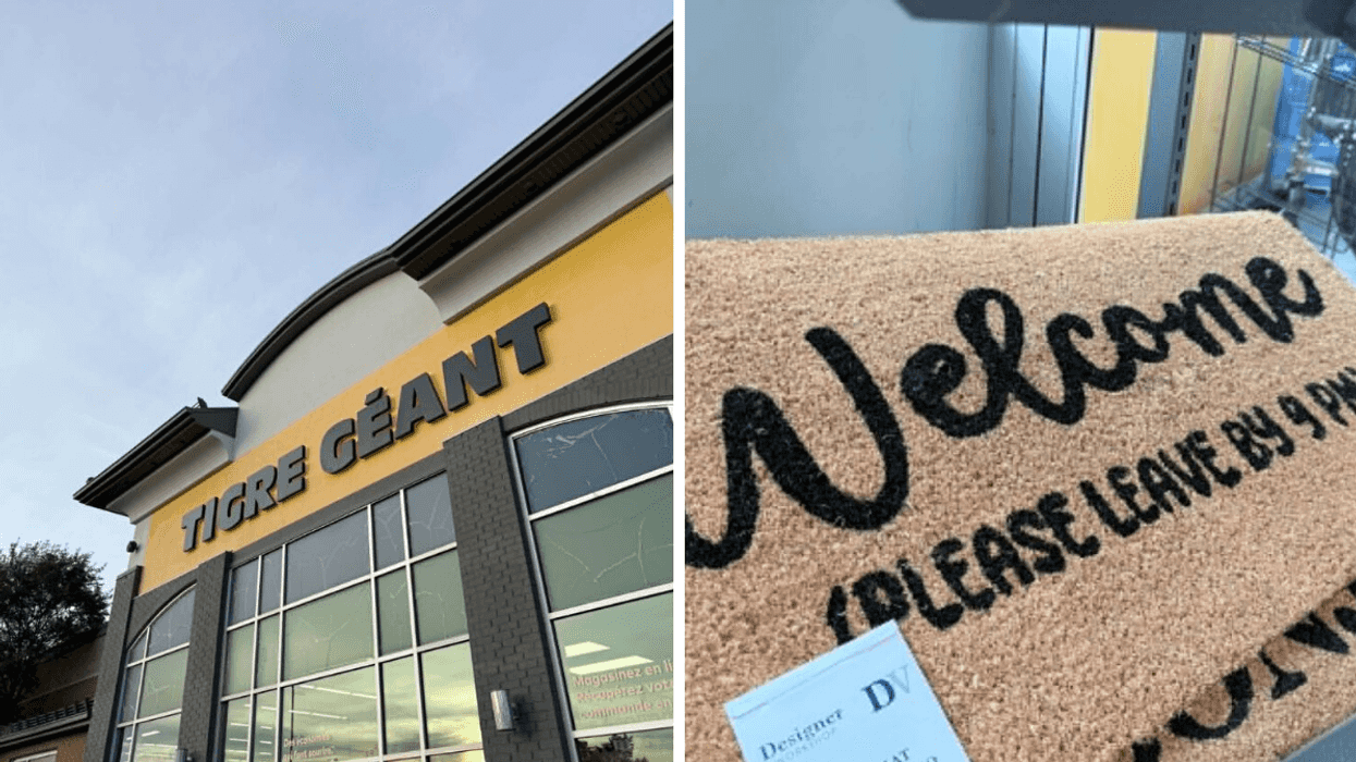 Façade d'un magasin Tigre Géant. Droite : Tapis d'entrée pour l'extérieur.