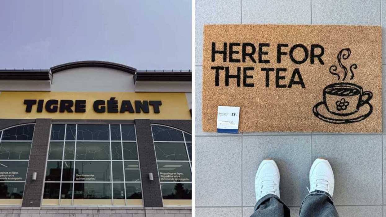 Façade d'un magasin Tigre Géant. Droite : Tapis vendu au Tigre Géant.
