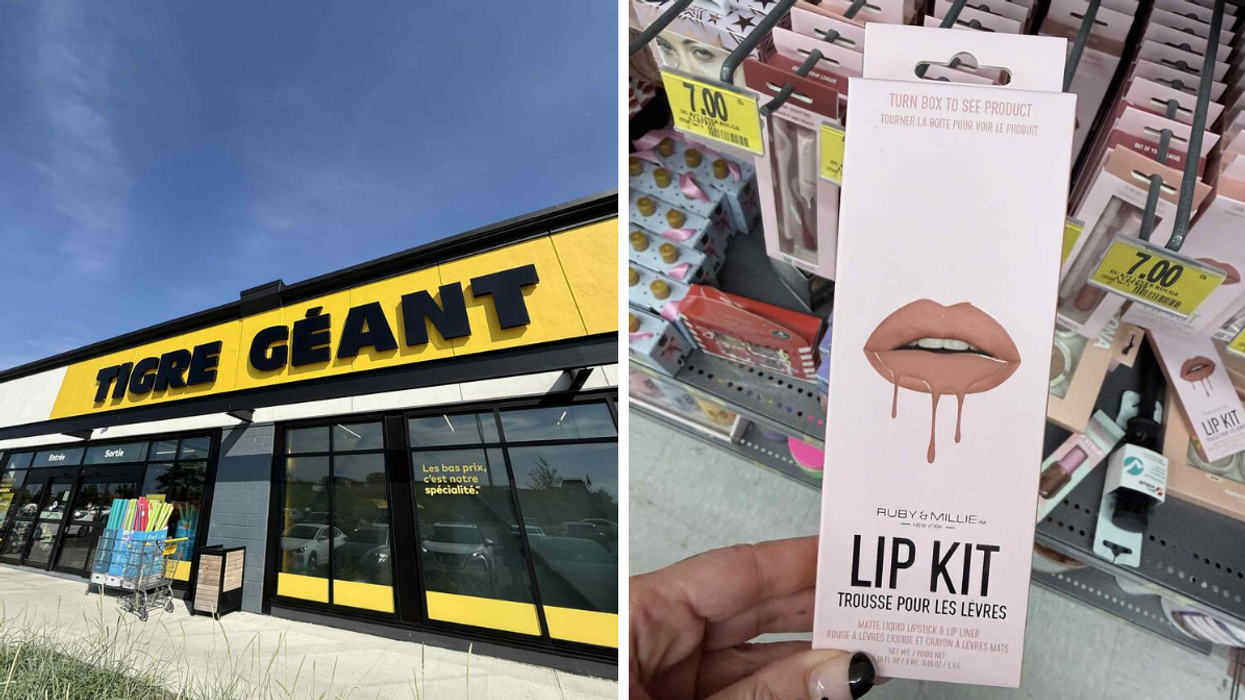 Façade d'un magasin Tigre Géant. Droite : Trousse pour les lèvres vendue chez Tigre Géant.
