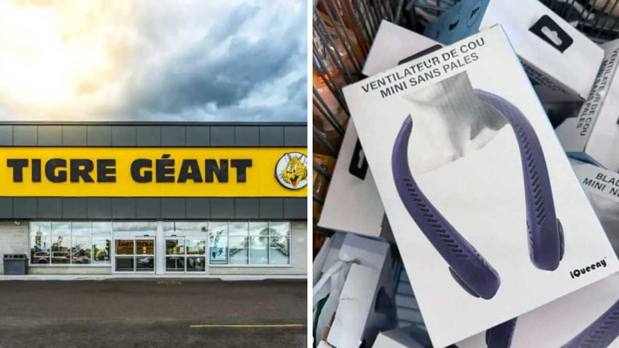 Façade d'un magasin Tigre Géant. Droite : Ventilateur de cou en vente au Tigre Géant pour 10 $.