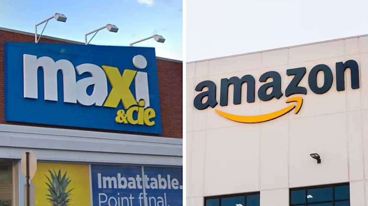Façade d'un Maxi. Droite : Façade d'un entrepôt Amazon.