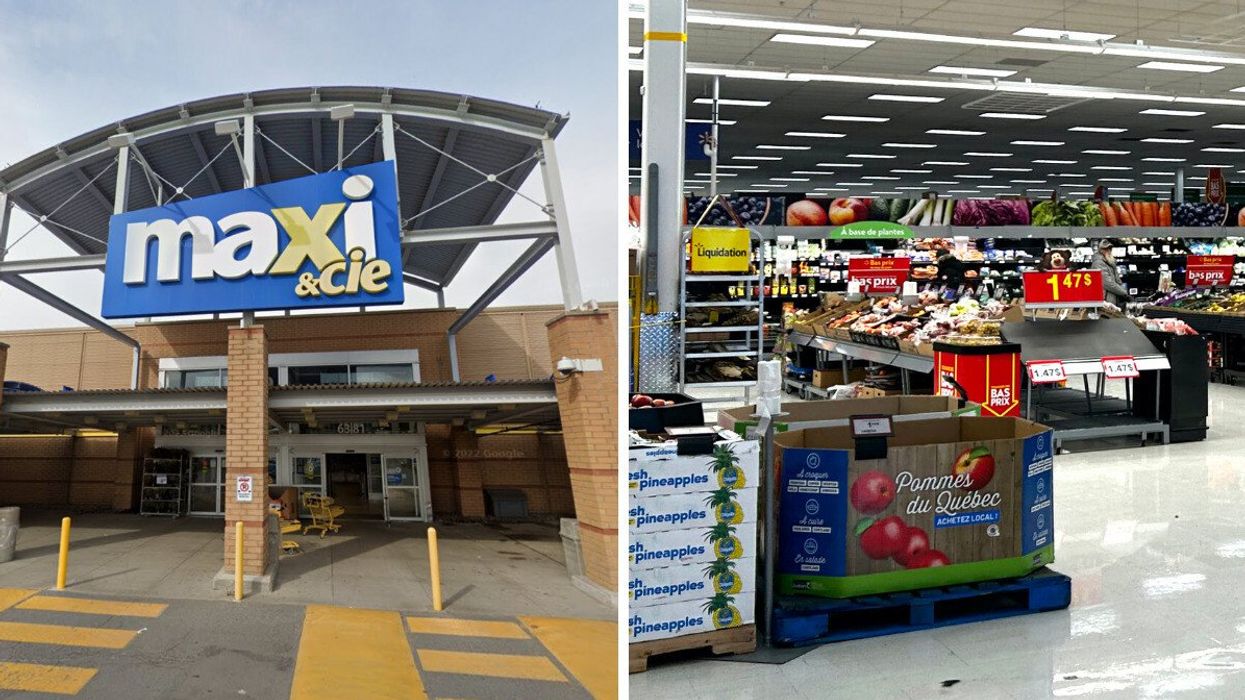 Façade d'un Maxi. Droite : La section des fruits et légumes du Walmart.