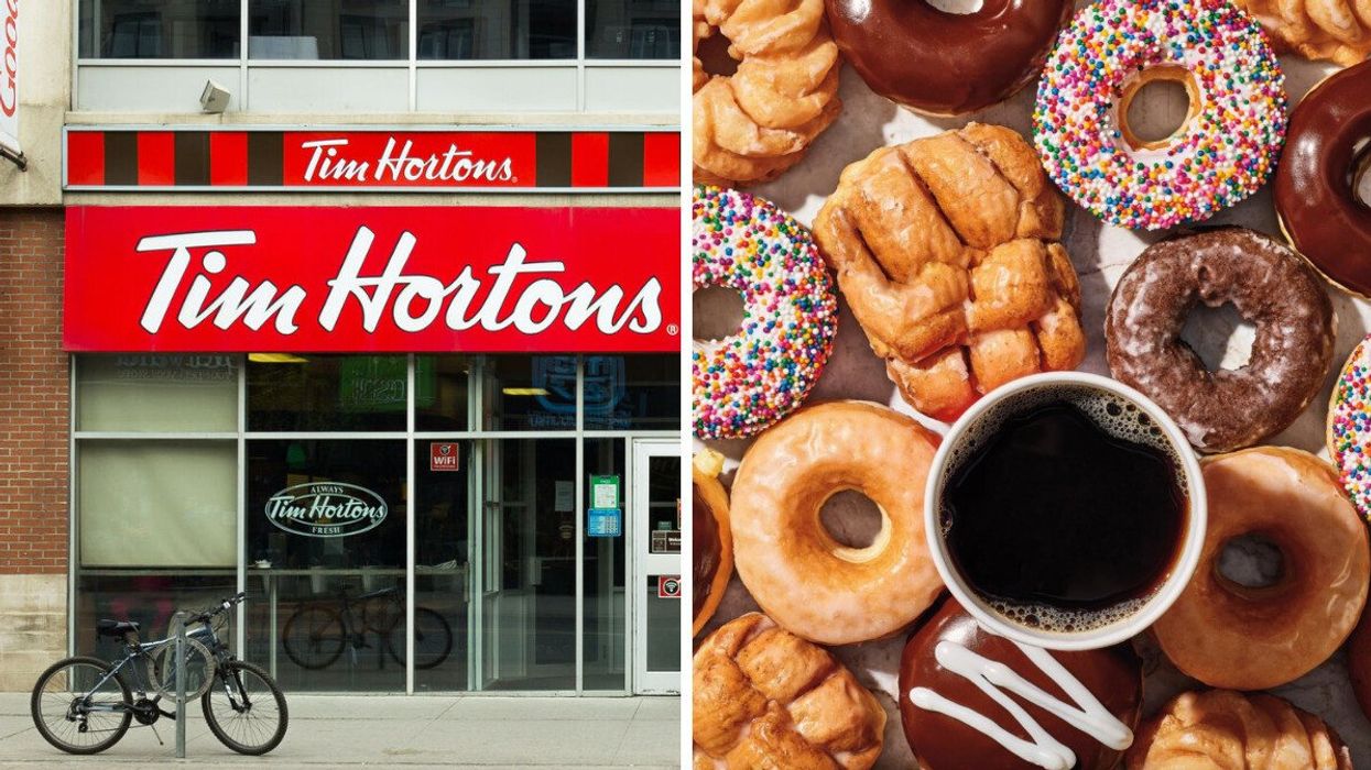Façade d'un Tim Hortons. Droite : Beignes et café du Tim Hortons.