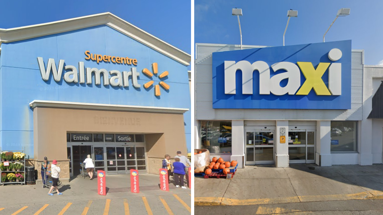 Façade d'un Walmart au Québec. Droite : Façade d'un Maxi au Québec.