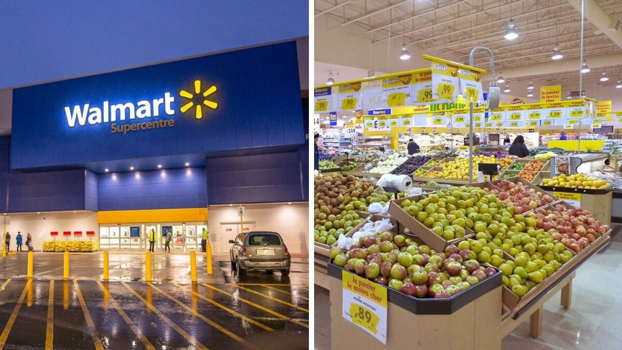 Façade d'un Walmart. Droite : Allées d'un Maxi.