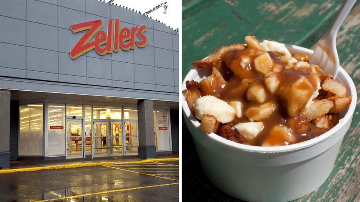 Façade d'un Zellers. Droite : Poutine.