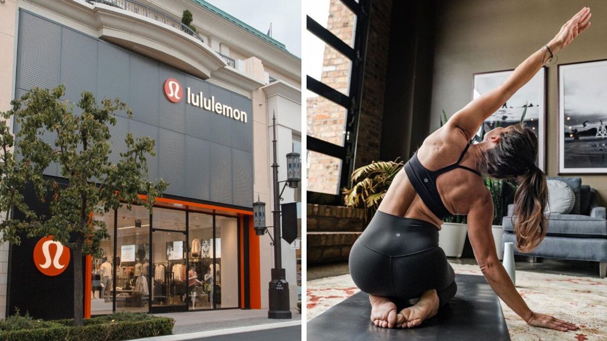 Façade d'une boutique Lululemon. Droite: Femme qui fait du yoga dans un salon en portant un top et un legging noir Lululemon.