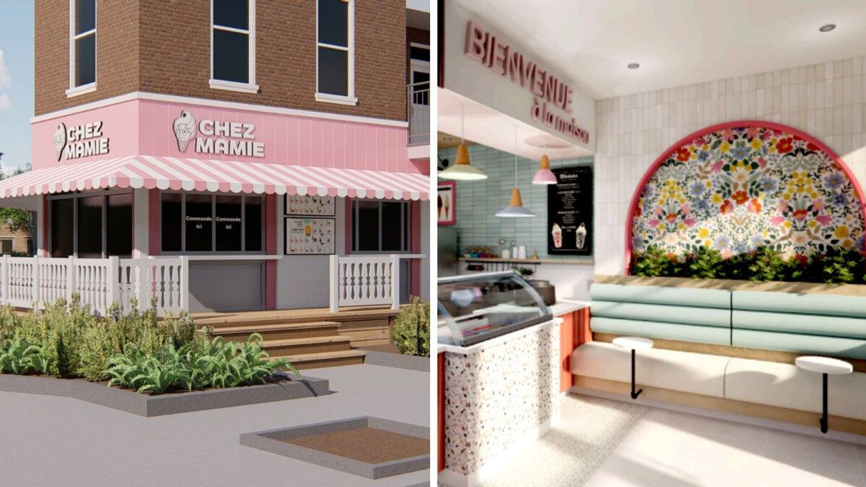 Façade d'une Crèmerie Chez Mamie. Droite : Intérieur d'une Crèmerie Chez Mamie.