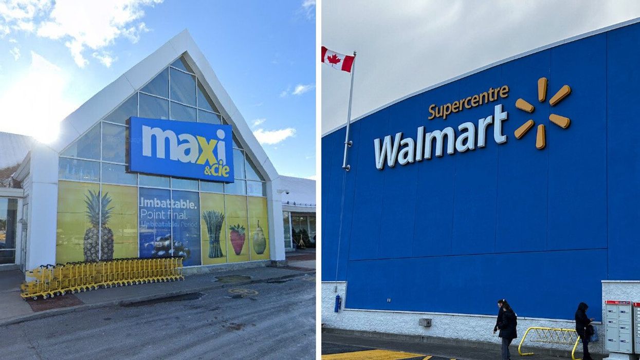 Façade d'une épicerie Maxi avec des paniers jaunes à l'entrée. Droite : Façade d'un Walmart avec des gens qui passent devant.