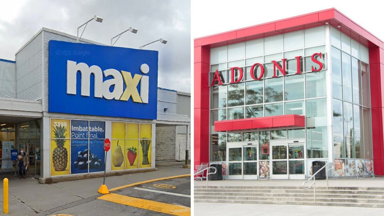 Façade d'une épicerie Maxi avec un panneau d'arrêt à l'avant. Droite : Façade et escaliers d'un marché Adonis.