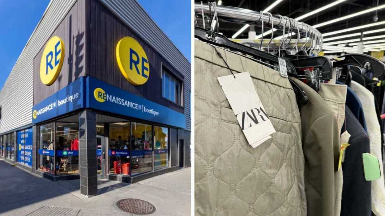 Façade d'une friperie Renaissance. Droite : Étiquette d'un chandail de la marque Zara.