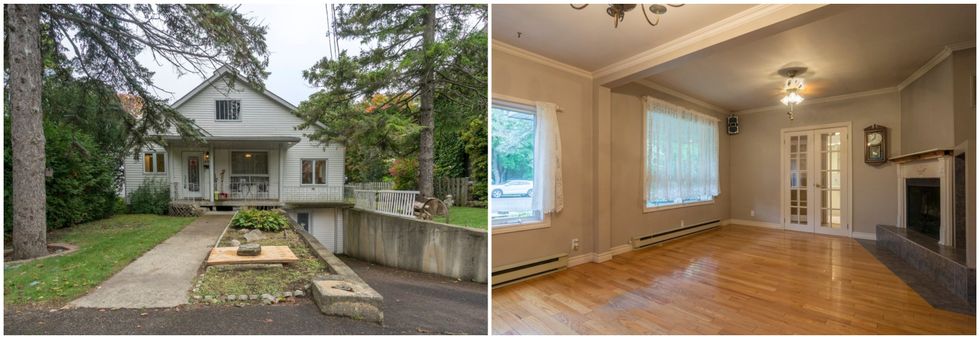 facade d'une maison \u00e0 \u00e9tage blanche \u00e0 vendre \u00e0 laval et le terrain couvert de verdure. droite : salon avec plancher en bois et foyer aux tuiles grises