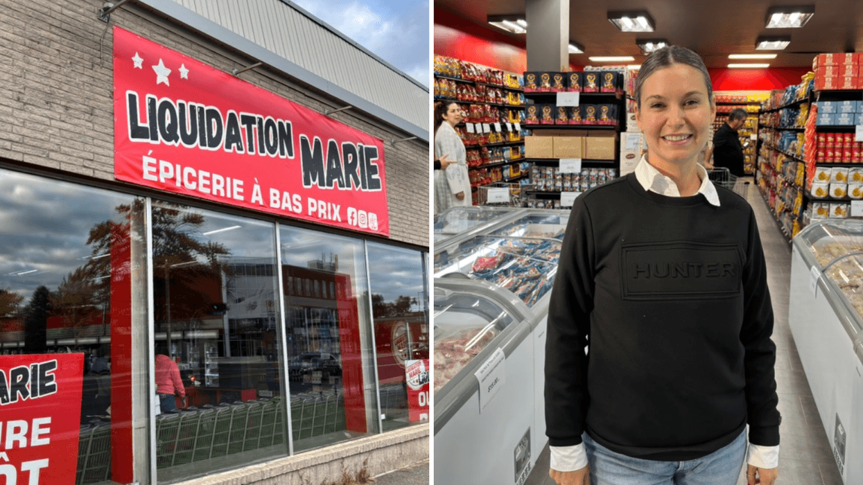 Façade d'une succursale Liquidation Marie. Droite : Marie-Ève Breton, propriétaire de Liquidation Marie.