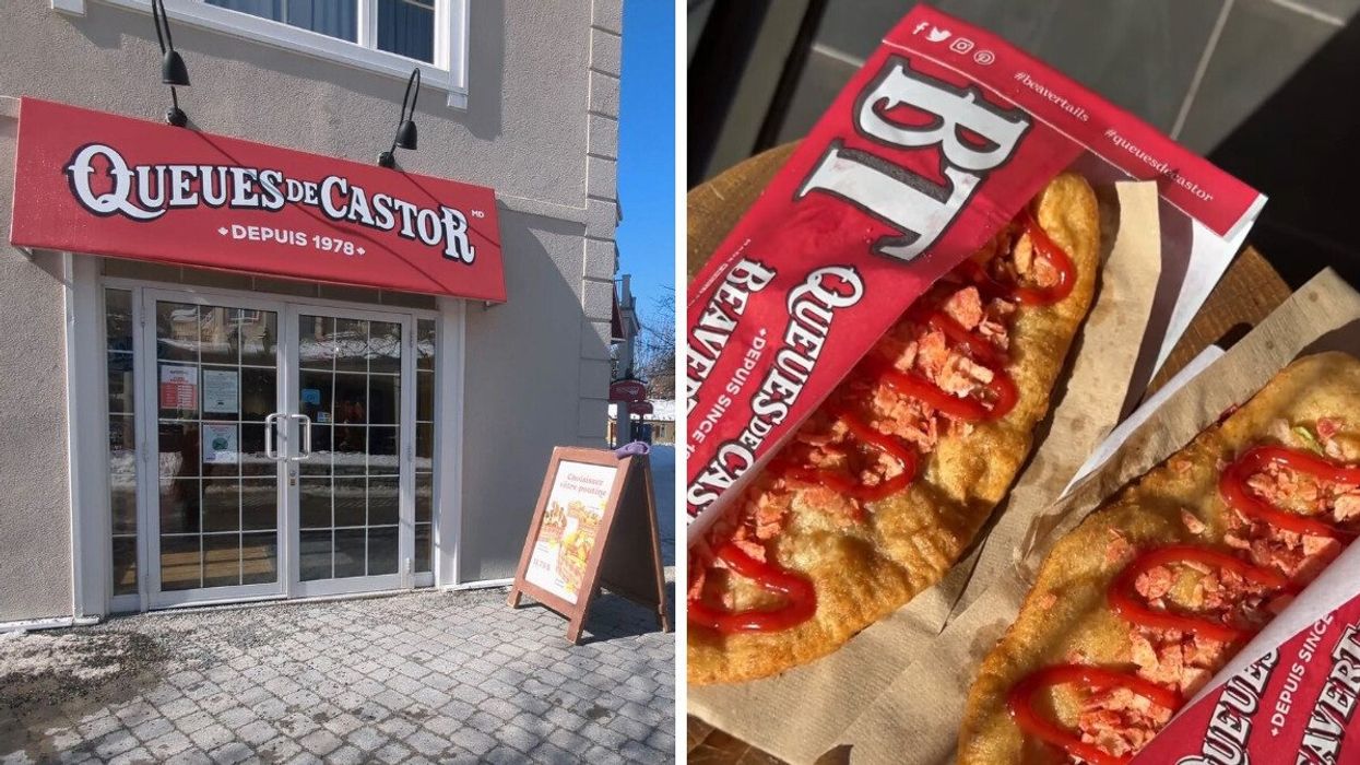 Façade d'une succursale Queues de Castor. Droite : La nouvelle Toma-Tail aux chips au ketchup.