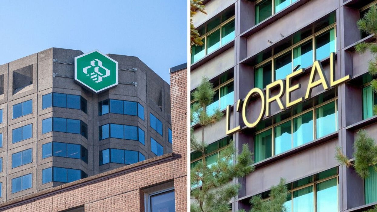 Façade de l'immeuble de Desjardins. Droite : Façade de l'entreprise L'Oréal.