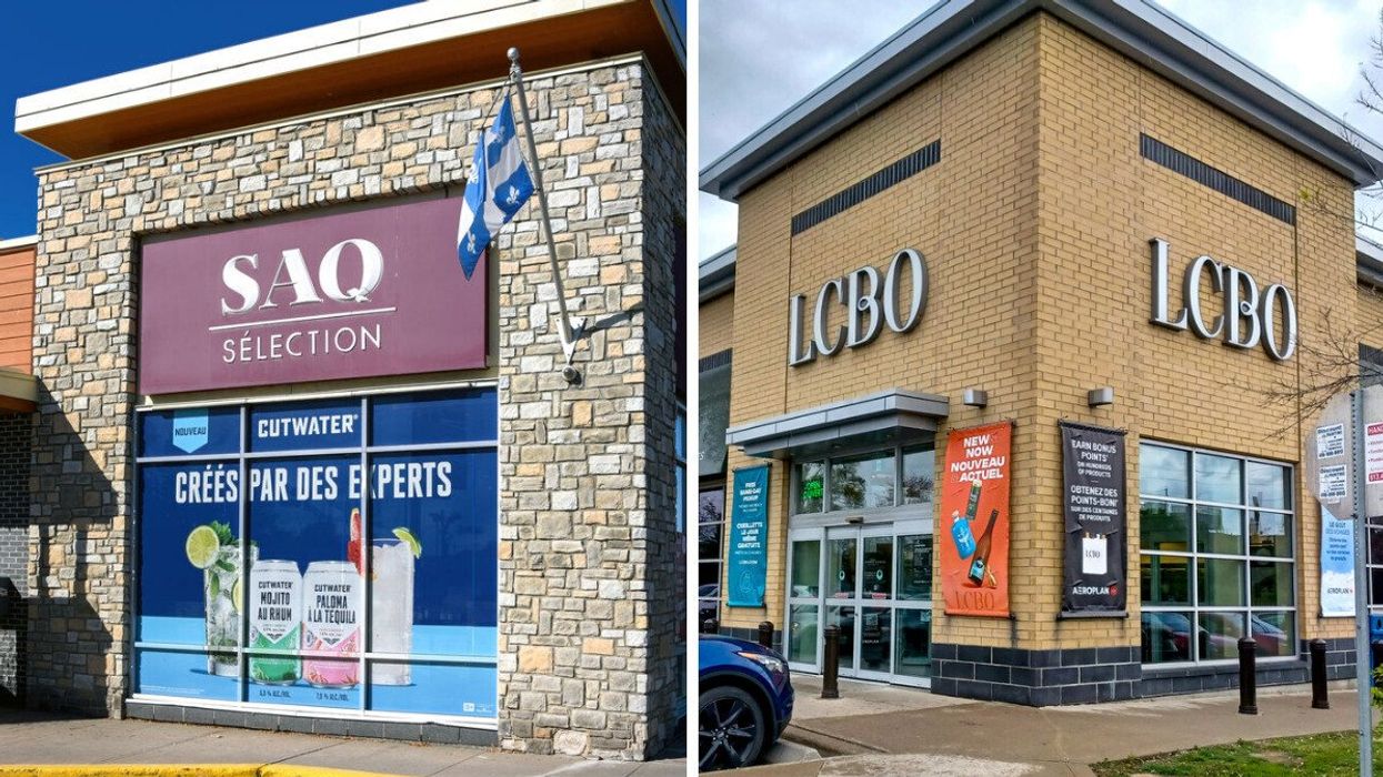Façade de la SAQ. Droite : Façade de la LCBO.