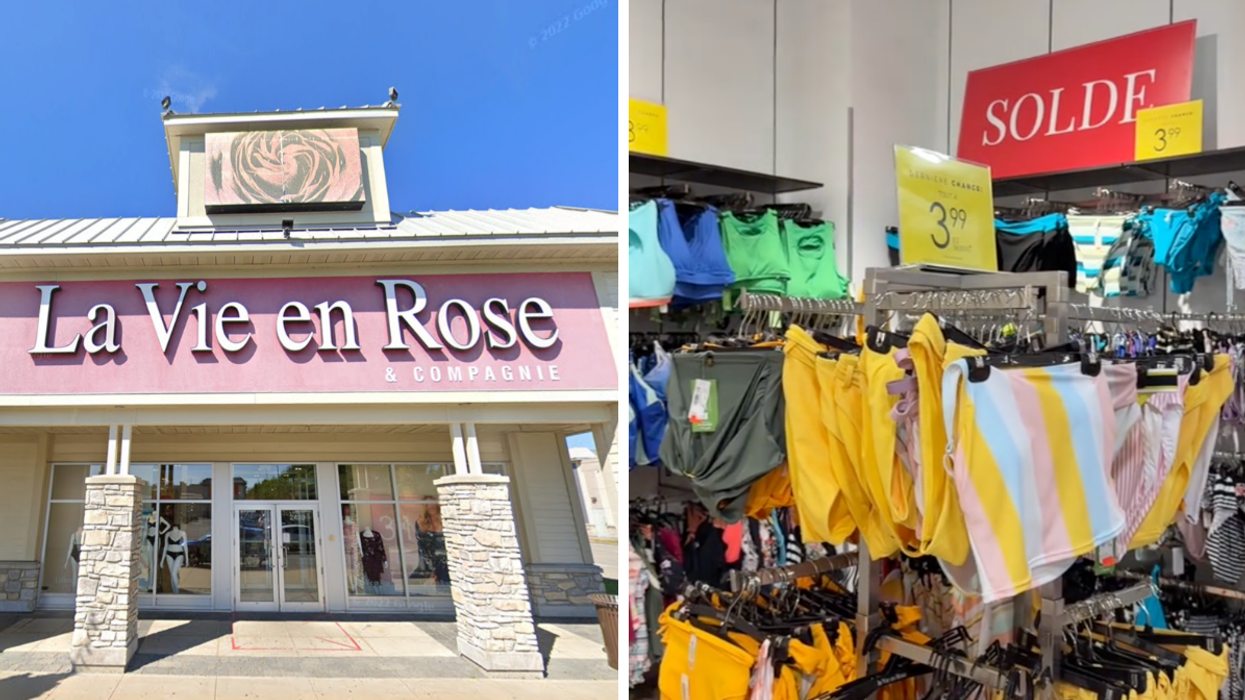Façade de La Vie en Rose. Droite : Maillots de bain en rabais à La Vie en Rose.