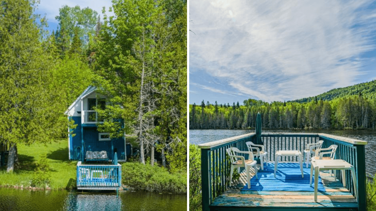 Façade du chalet au bord de l'eau. Droite : Quai au bord du lac à Gagnon.