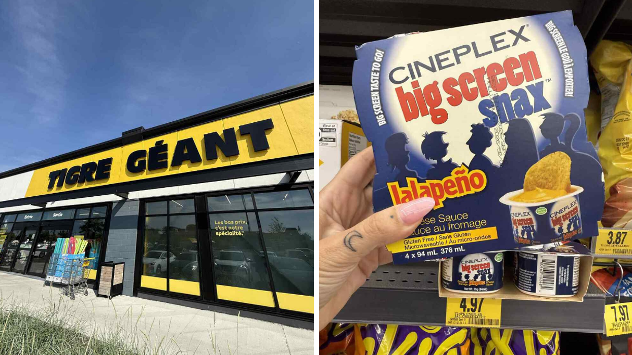 Façade du magasin Tigre Géant. Droite: Sauces au fromage Cineplex en vente chez Tigre Géant.