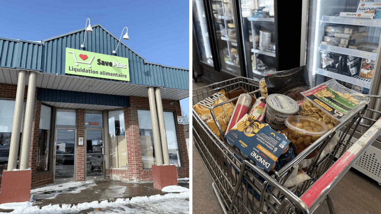 Façade du Supermarché SavePlus à Boisbriand. Droite : Panier d'épicerie au Supermarché SavePlus.
