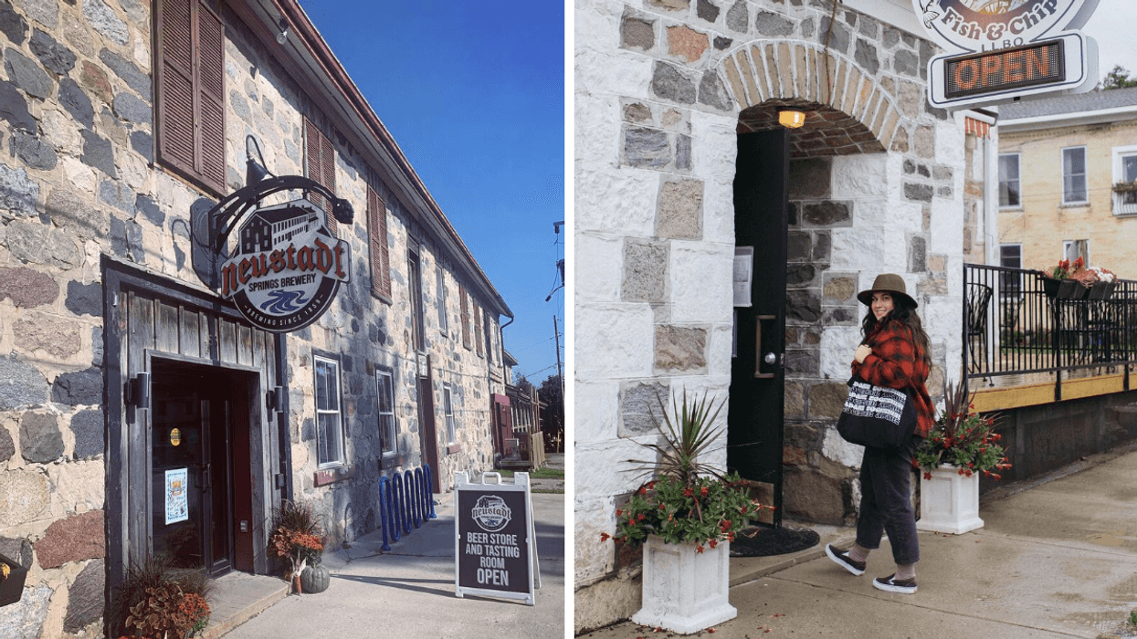Façade en pierre de la Neustadt Springs Brewery. Droite : L'entrée voûtée du Noah's Fish and Chips à Neustadt, en Ontario.