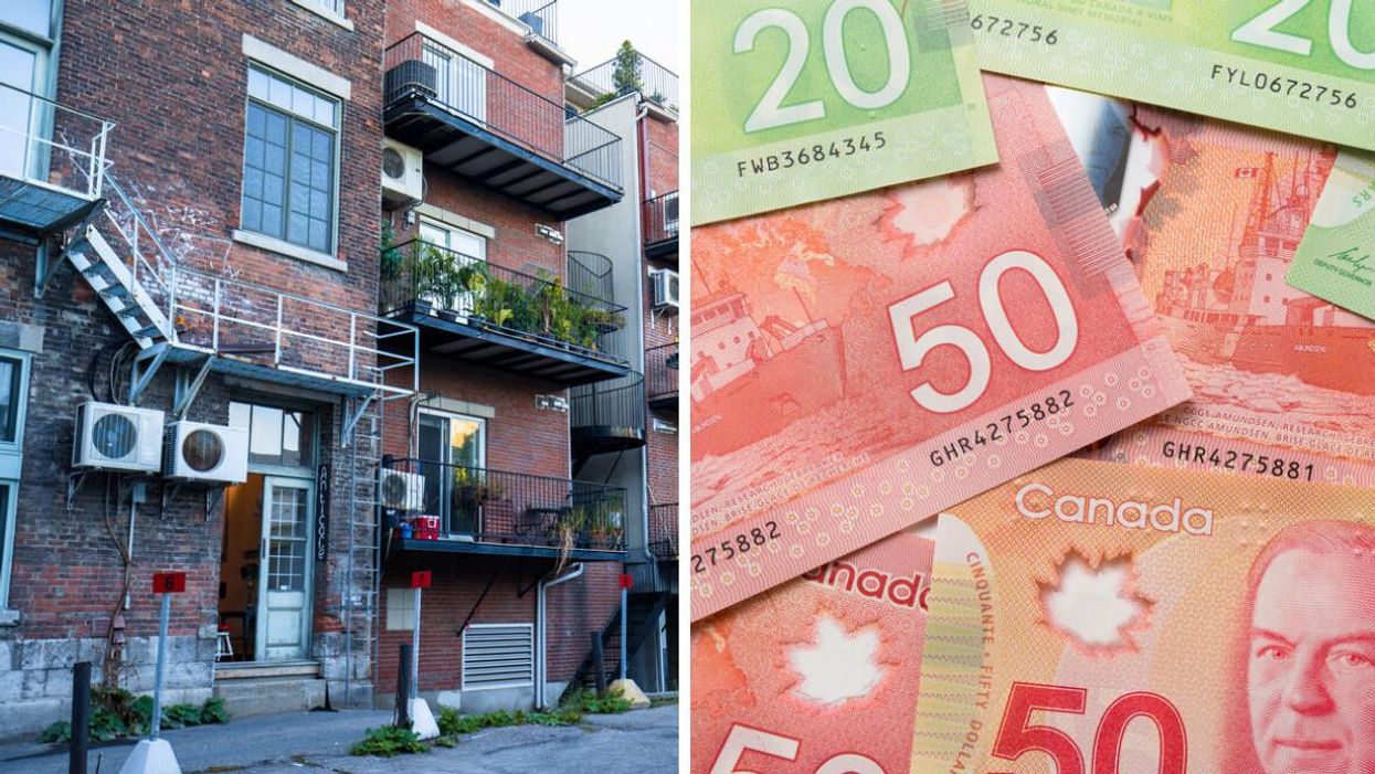 Façade logements à Montréal. Droite : Argent canadien.